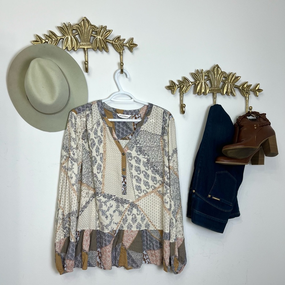 Northern Reflections Patchwork Peasant Blouse in Cream, Taupe & Mustard